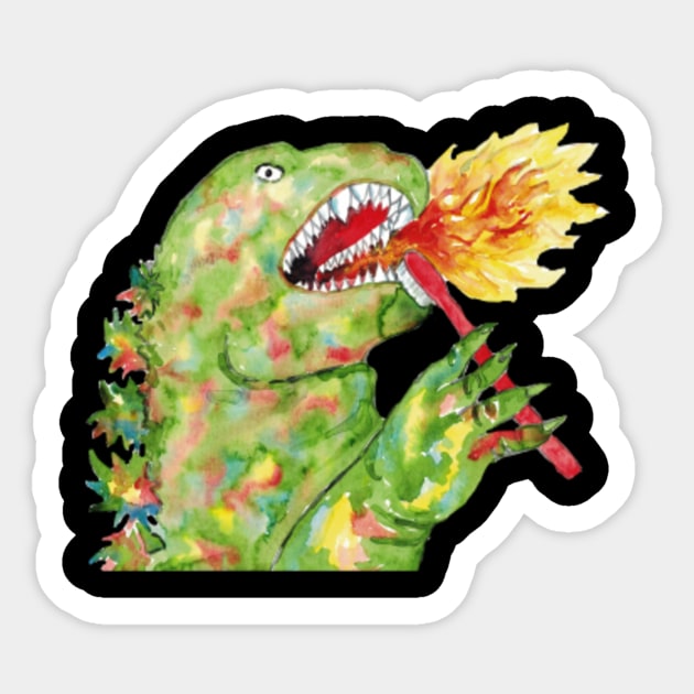 Godzilla brushing teeth dinosaur painting watercolour Godzilla